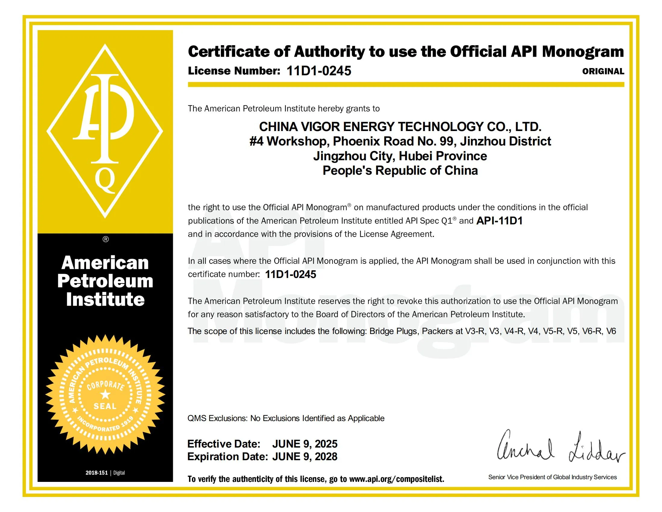 Vigor API Certificate 11D1